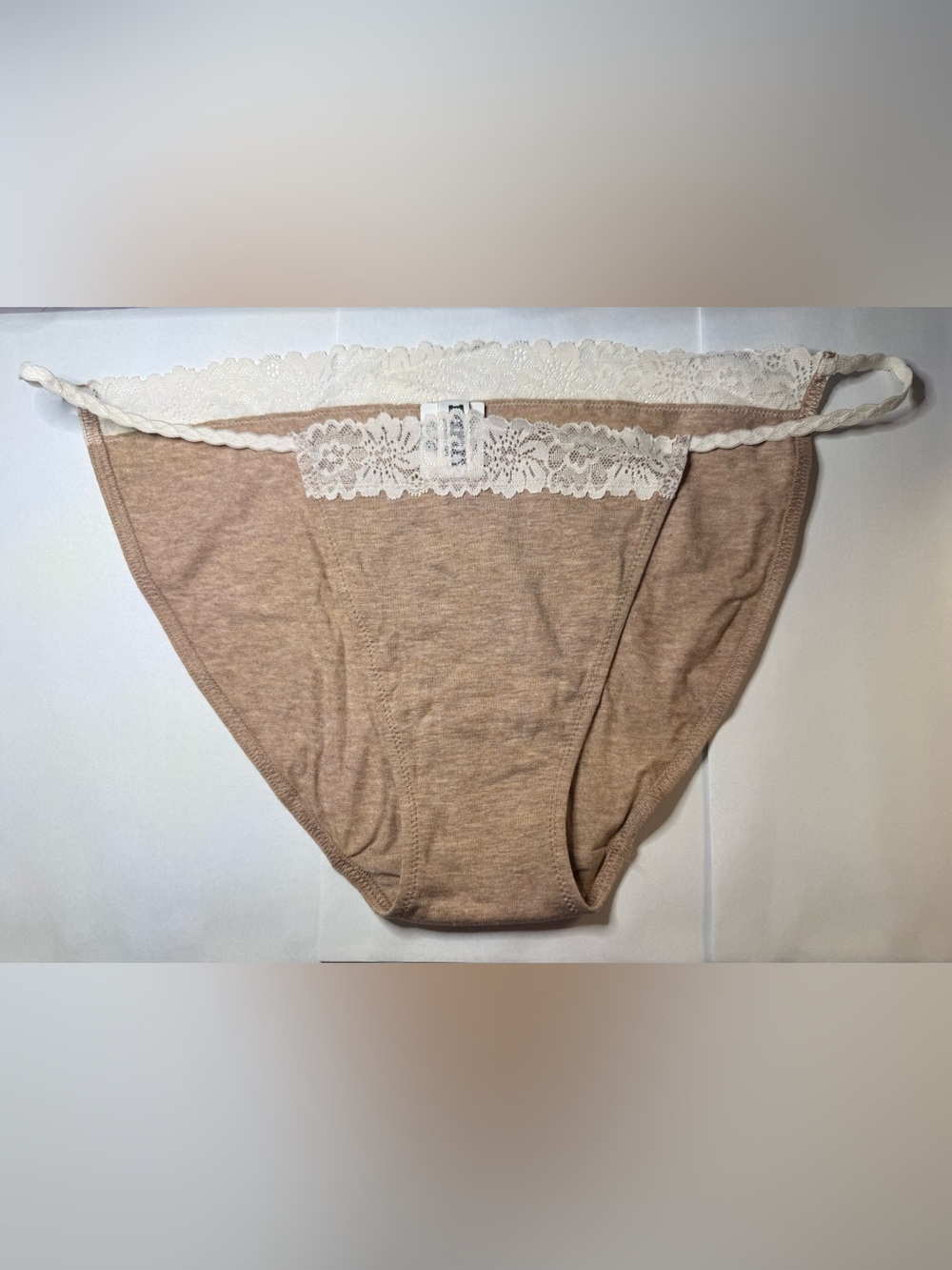 Pink Victoria Secret Beige Lace-Trim Cotton Bottoms Large